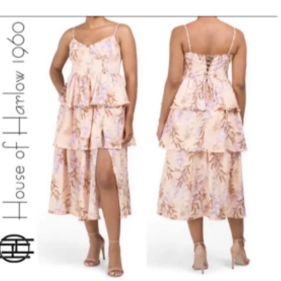 House of Harlow 1960 Corset Style Lace Up Boned Bodice Floral Linen Maxi - Picture 4 of 6